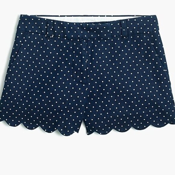 J.CREW Navy POLKA DOT Shorts SCALLOPED HEM Size 12 LINEN COTTON NWT - Picture 1 of 1
